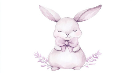Obraz premium A cute, pastel-hued bunny with a bow, surrounded by delicate lavender sprigs, evoking a whimsical, gentle theme.