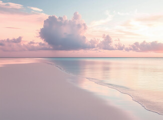 Peaceful Beach at Dawn With Reflections of Pastel Skies and Clouds and copy space