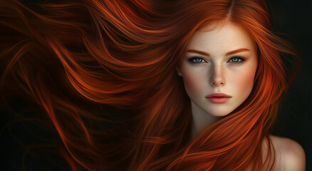 Close-Up Portrait of a Woman with Flowing Red Hair and Freckles