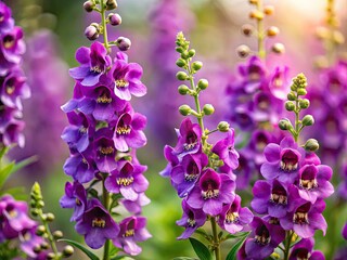 Obraz premium Isolated purple Angelonia flower, a vibrant summer bloom, photographed with macro lens and shallow depth of field for a stunning botanical image.