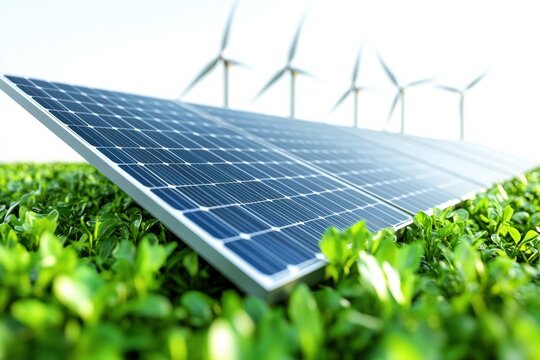 A solar panel installation on lush green grass with wind turbines in the background, symbolizing renewable energy and sustainable living.