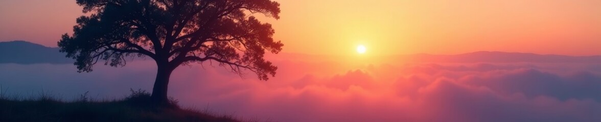 Obraz premium Misty morning, silhouetted tree, branches, leaves, organic, environment, design