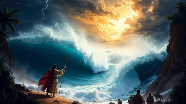Moses Parts the Red Sea. Video of Israelites Crossing. 4K Footage