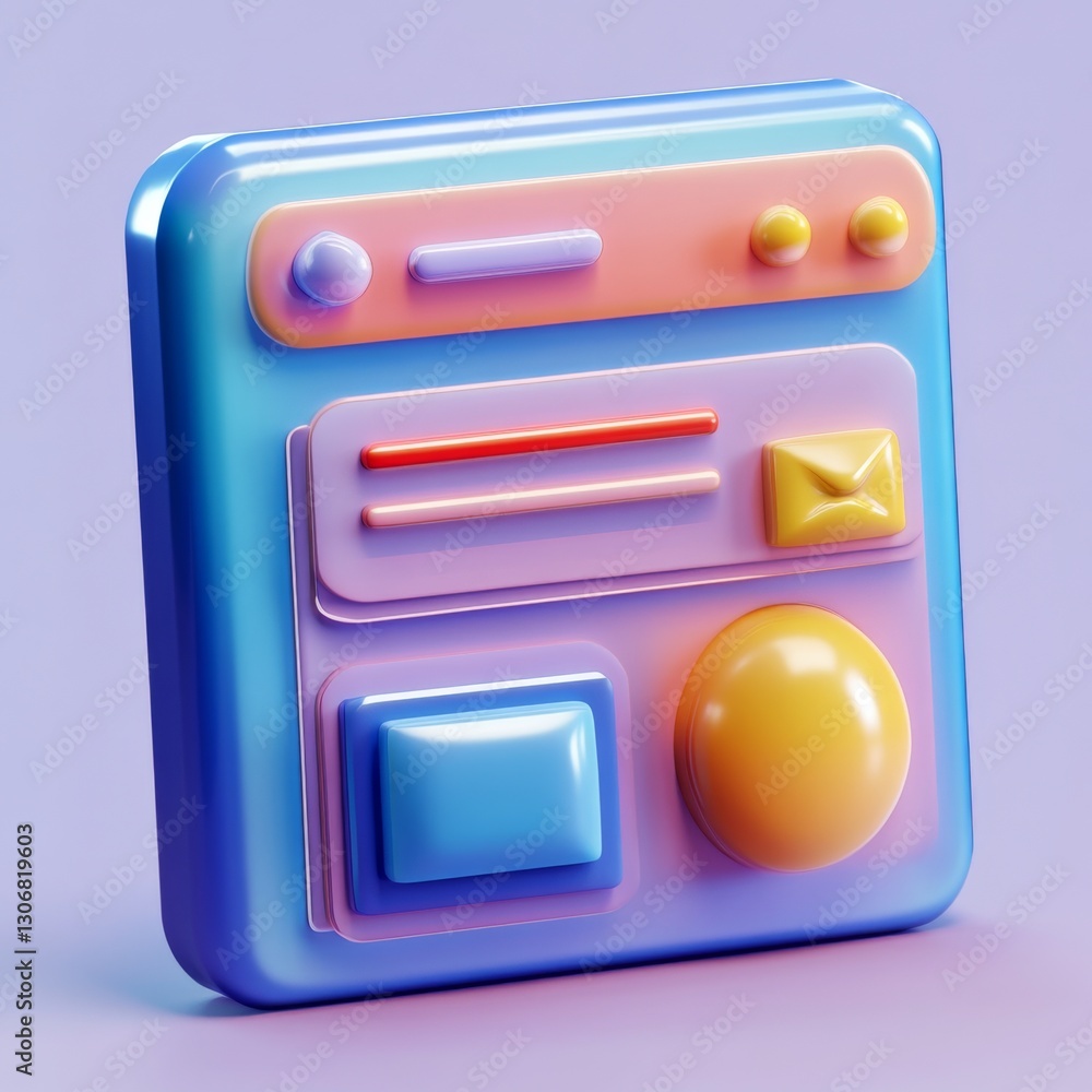 Poster 3D Render of a colorful, glossy application interface with rounded shapes on a pastel background, icon design.