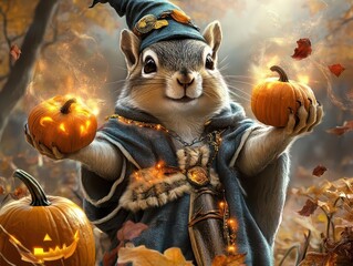 Enchanted Squirrel in Wizard Hat Holding Pumpkins in Autumn Forest