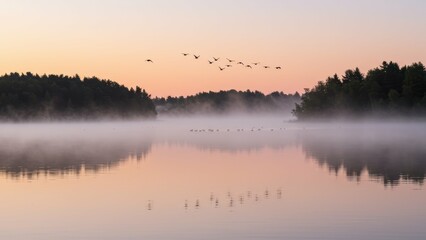 Obraz premium Lake surrounded by trees at sunrise, featuring mist and birds in flight, creating a tranquil outdoor atmosphere