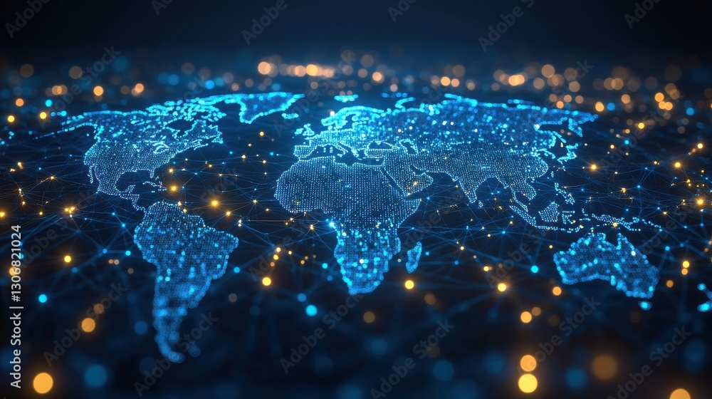 Aufkleber illuminated digital world map with network connections displayed in neon blue