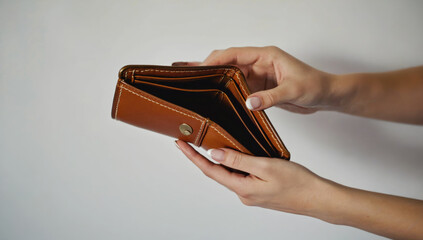 Empty wallet held by hands, symbolizing financial struggles and savings