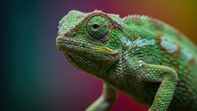 Vibrant close up of a chameleon showcasing intricate patterns and textures, ideal for nature enthusiasts or educational purposes