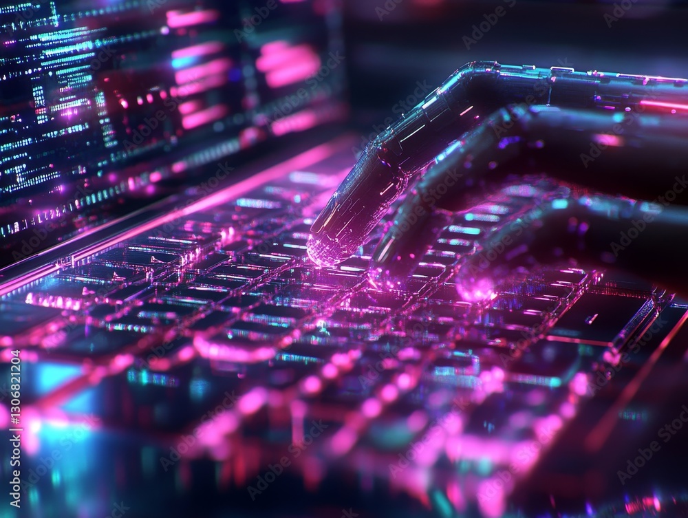 Poster Cybernetic Typing: Futuristic Robot Hand Interacting with a Glowing Neon Keyboard & Display, Data Streams