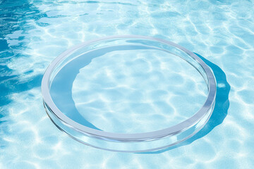 Product presentation mockup scene, empty circle glass podium on blue water surface.