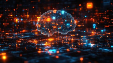 Obraz premium illustration of a digital brain with glowing icons representing artificial intelligence and neural networks symbolizing the integration of technology with human thought processes