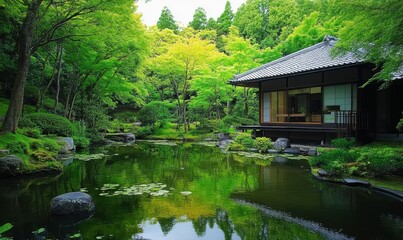 Obraz premium Modern eco-friendly homes by a serene pond in a lush environment.