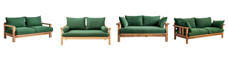 Cozy and Minimalist Wooden Sofas in Green Upholstery for Relaxing Living Room Decor  Comfortable and stylish seating arrangement with clean lines natural materials