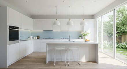 Fototapeta premium Modern kitchen interior mockup table living room with fireplace and contemporary design