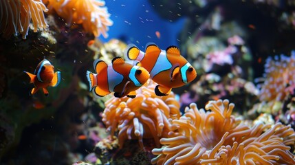 Orange and White Clownfish Swim Near Colorful Anemone in Aquarium