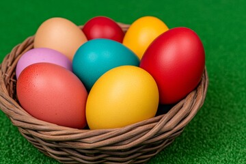 A basket filled with freshly laid, multi-colored eggs from free-range chickens