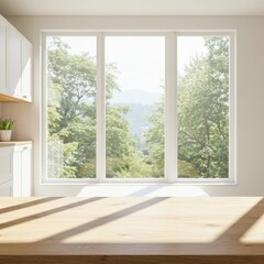 Fototapeta premium Modern kitchen mockup table interior in a luxury home with stylish design, windows, furniture, and a spacious layout