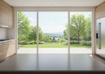 Modern kitchen mockup table interior in a luxury home with stylish design, windows, furniture, and a spacious layout
