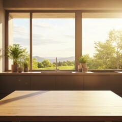 Fototapeta premium Modern kitchen interior mockup table living room with fireplace and contemporary design