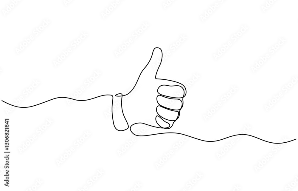 Poster continuous one line drawing of like hand showing thumb up, hand with thumb up continuous one line dr