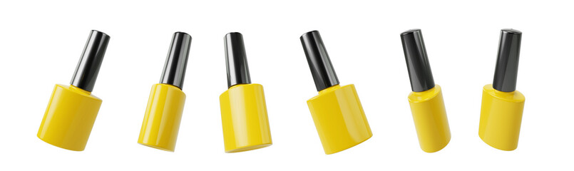 Sample of a yellow bottle for nail laquer or gel isolated on white background. Mockup of cosmetic bottle for ads. 3d illustration