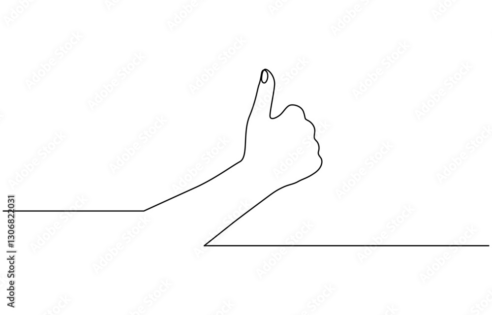 Poster continuous one line drawing of like hand showing thumb up, hand with thumb up continuous one line dr