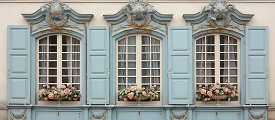 Fototapeta premium Elegant blue windows adorned with floral arrangements in a charming historical setting