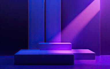 3D podium with purple light on a dark blue background. Vector abstract geometric platform for product presentation in a neon style. Minimal scene design, mock-up, and empty space. Stock photo,