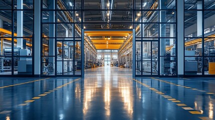 Modern industrial warehouse interior with reflective floor and machinery in the background