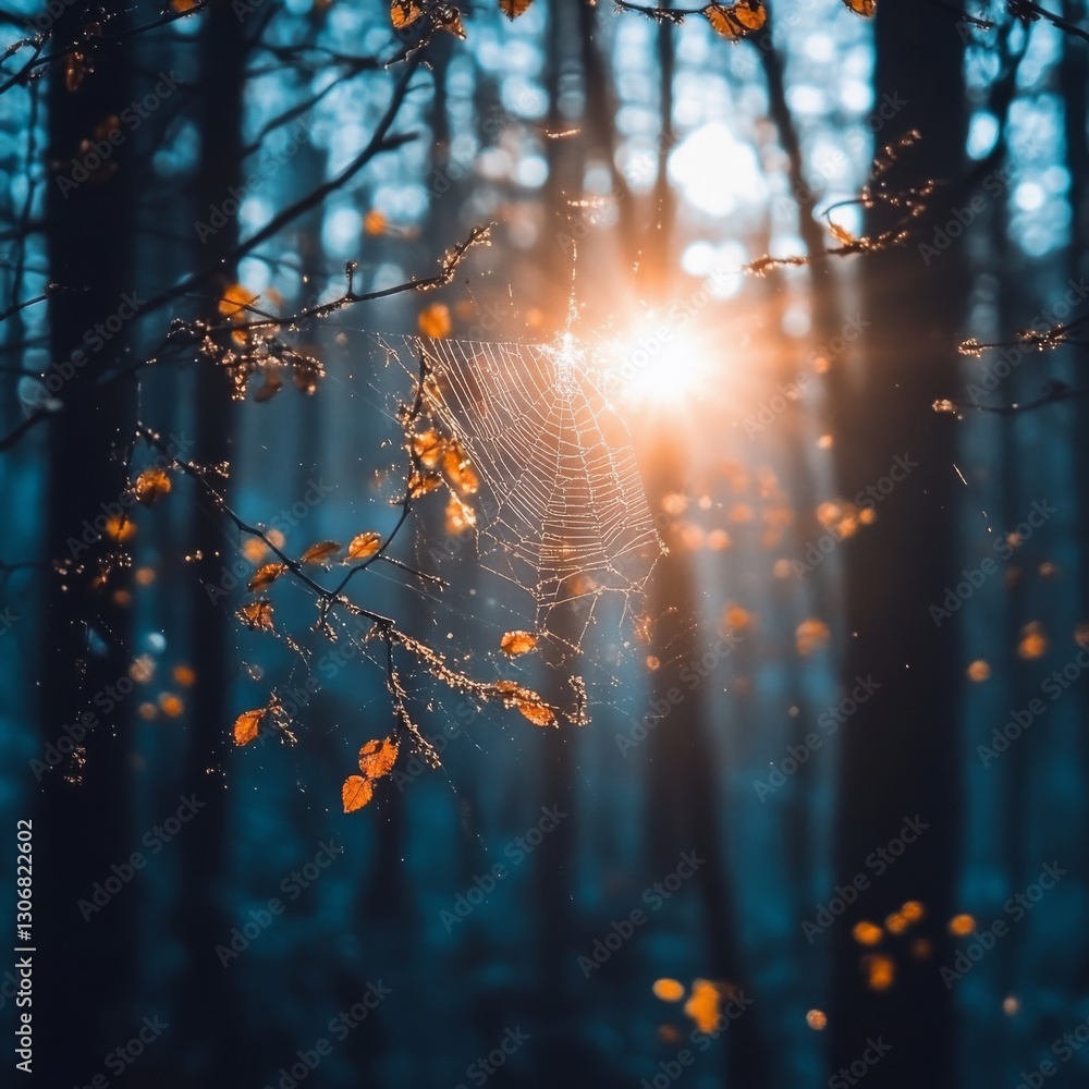 Poster golden hour's embrace: sunlight piercing through forest, illuminating spiderweb and autumn leaves wi