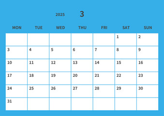 Simple calendar for March 2025, vector, template, sky blue