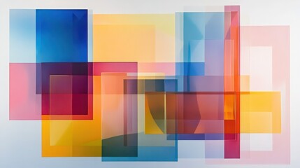 Geometric composition featuring overlapping translucent colorful rectangles