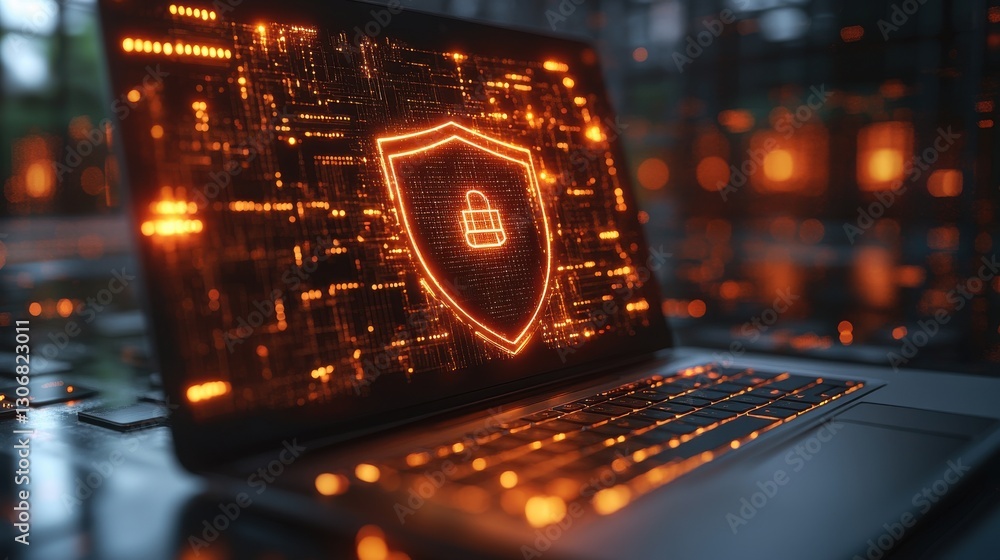 Aufkleber laptop displaying digital security shield with glowing network connections cyber security concept ba