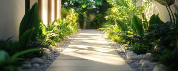 Fototapeta premium Tranquil villa path with lush plant decoration. Generative AI image
