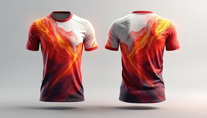 Template of sport shirt for soccer, football jersey. Front and rear views. Red, white color, fire flames pattern. Fabric texture for training kit, activewear, t-shirts for team, club.