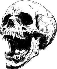 Detailed black and white illustration of a skull with fangs and a cracked surface, open mouth, and expressive shadows. Ideal for tattoos, horror themes, or merchandise