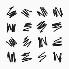 Obraz premium Scribble with a black marker. Set of nine doodle style various scribbles. Black hand drawn design elements on white background. Vector illustration 