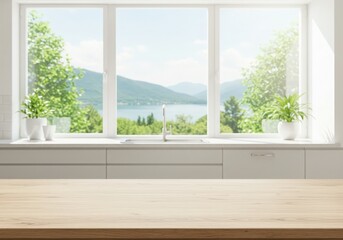Fototapeta premium Modern kitchen mockup table interior in a luxury home with stylish design, windows, furniture, and a spacious layout
