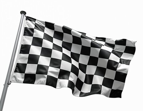 Waving checkered flag for motorsport racing isolated on white background. Symbolize victory, success and competition in car racing or other sport events. Banner for finish line, race winner.