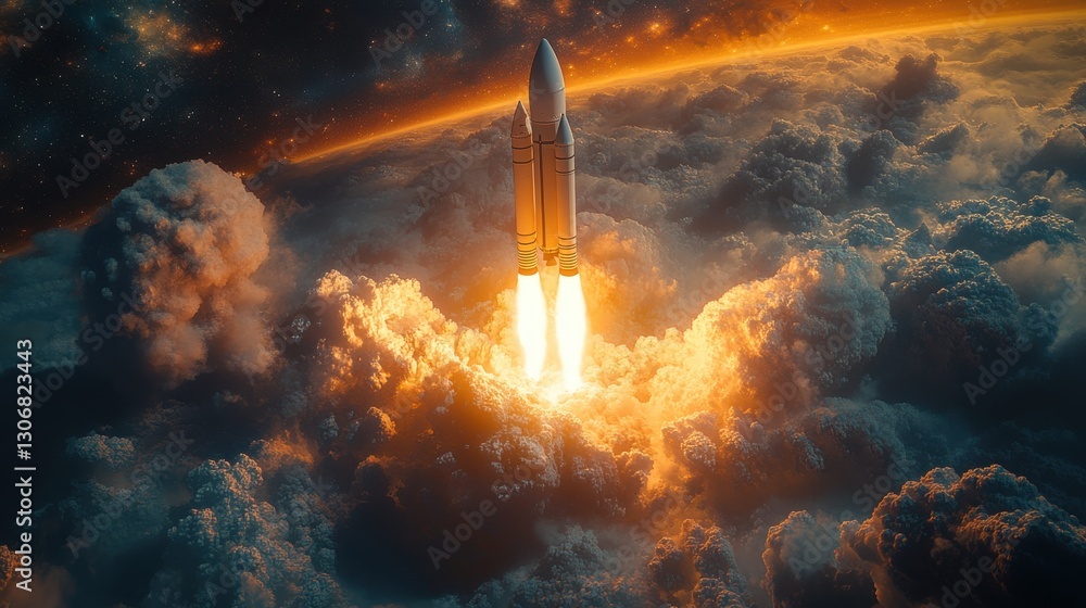 Poster launching new product or service technology development process space rocket launch 3d render