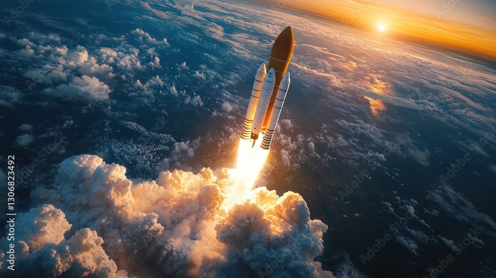 Poster launching new product or service technology development process space rocket launch 3d render