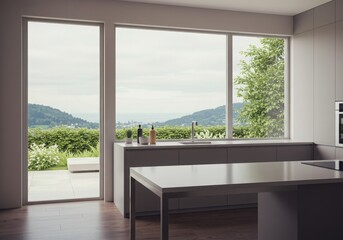 Fototapeta premium Modern kitchen interior mockup table living room with fireplace and contemporary design