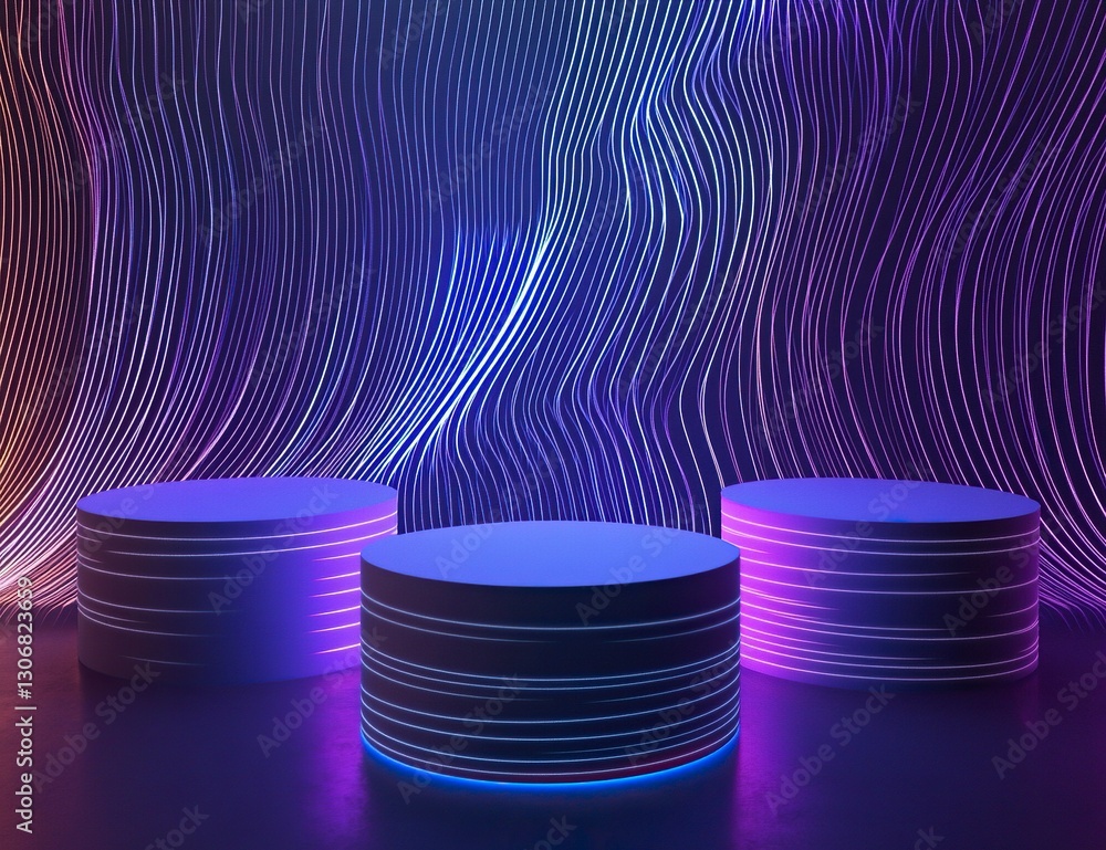 Poster 3d render, abstract background with blue and purple glowing neon lines on a black background. three 