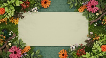 Floral frame with copy space on green background. Colorful gerbera daisies, leaves, and berries border. Nature-inspired design for greeting card, invitation, or announcement.
