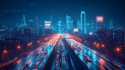 Nightfall Over the Metropolis: A Futuristic Cityscape with Highway Traffic and Neon-Lit Skyscrapers