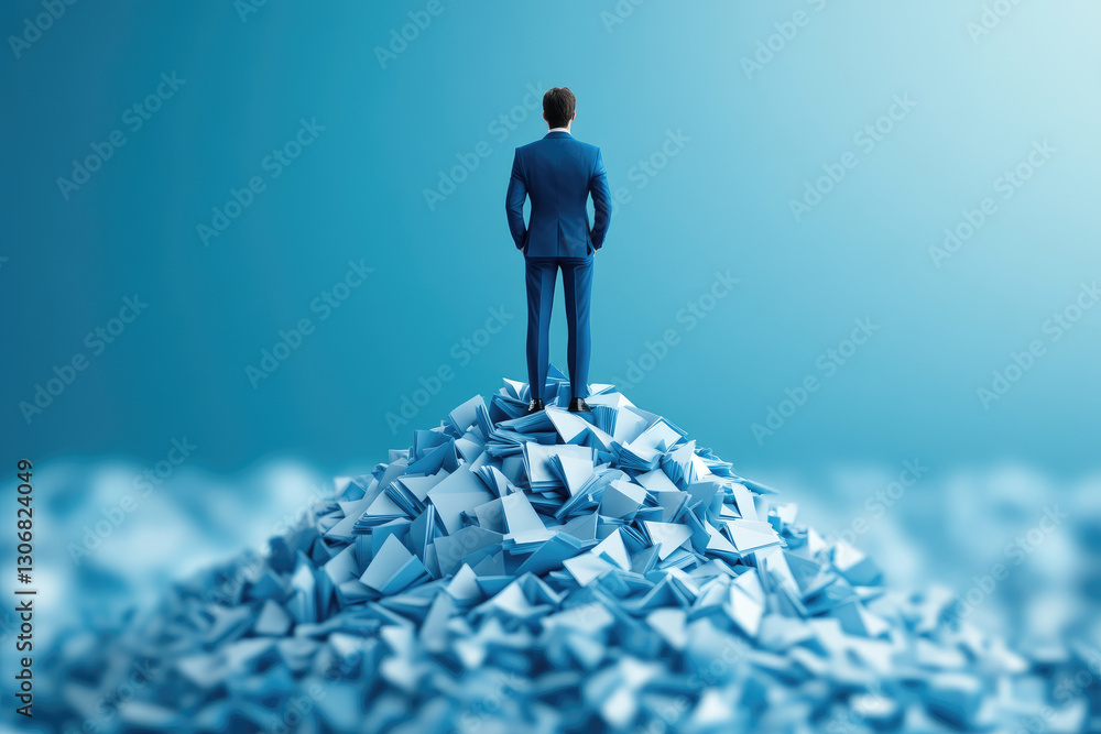 Poster business leader ascending a mountain of data symbolizing goal accomplishment and perseverance in a d