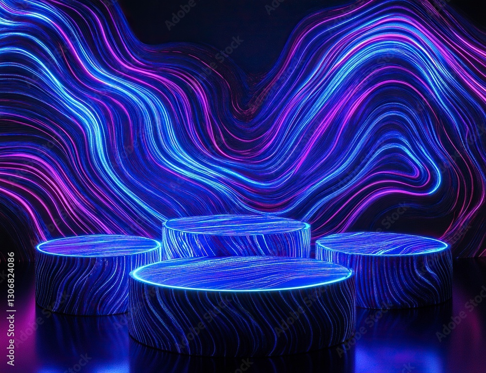 Poster 3d render, abstract background with blue and purple glowing neon lines on a black background. three 