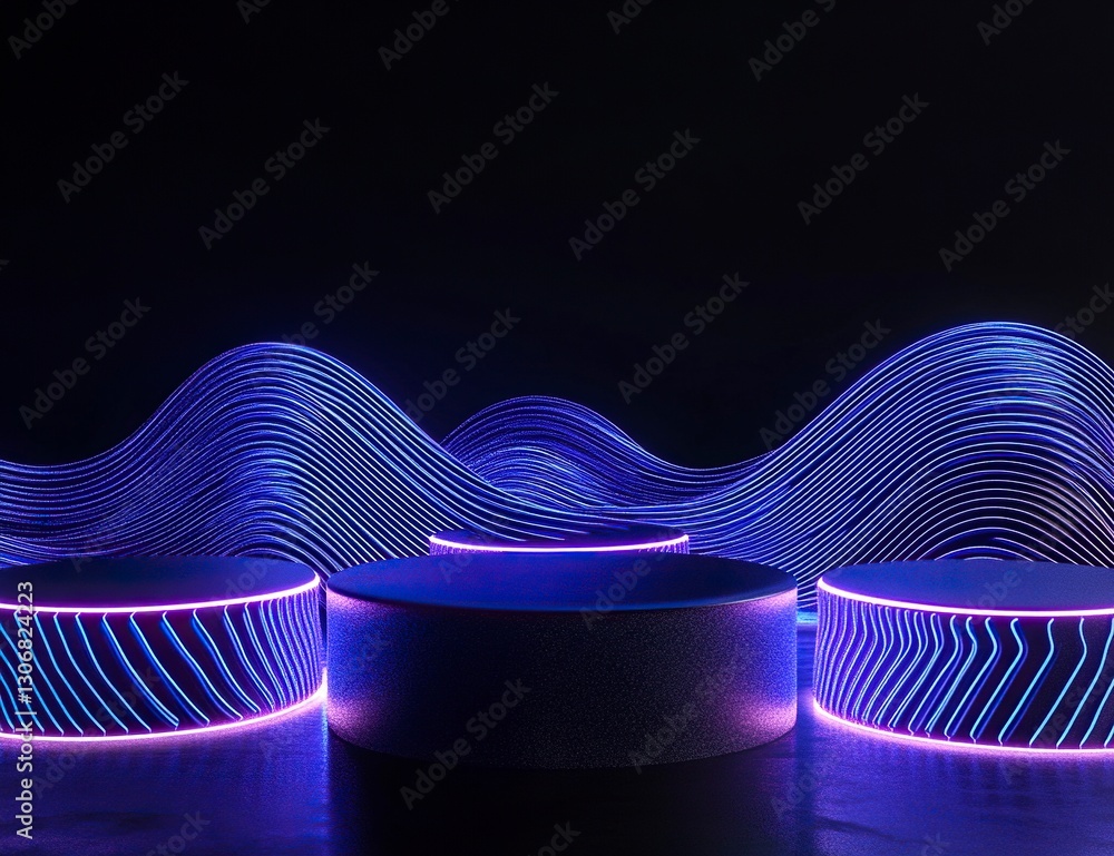 Poster 3d render, abstract background with blue and purple glowing neon lines on a black background. three 