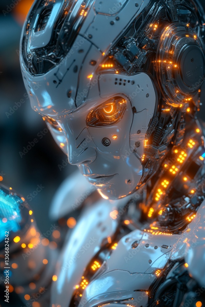 Poster robot contemplation: close-up of a future humanoid with glowing eyes and intricate mechanical detail